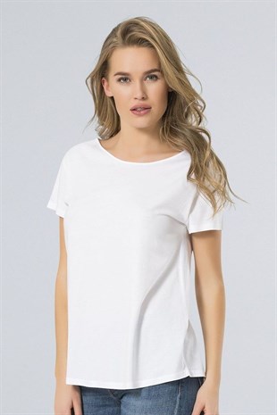 Kadın Beyaz Cannes Kayık Yakı Basic T-shirt