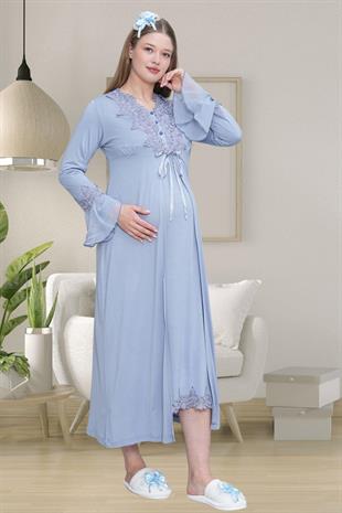 Mecit 1518 Mavi Sabahlıklı Lohusa Gecelik Takım