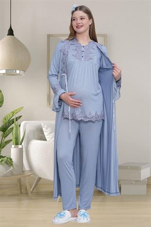 Mecit 1519 Mavi Lohusa Sabahlık Gecelik Pijama Set