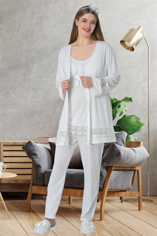 Mecit 1525 Ekru Sabahlıklı Lohusa Pijama Takımı