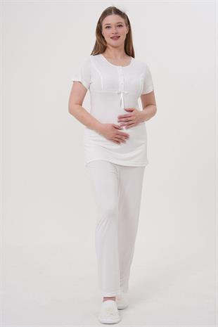 Mecit 1541 Ekru Uzun Sabahlıklı Lohusa Pijama Takımı
