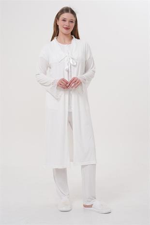 Mecit 1541 Ekru Uzun Sabahlıklı Lohusa Pijama Takımı