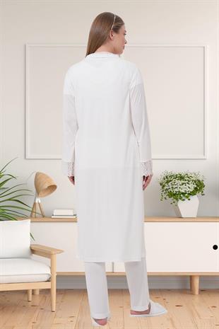 Mecit 1541 Ekru Uzun Sabahlıklı Lohusa Pijama Takımı