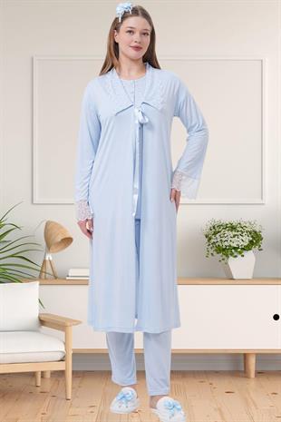 Mecit 1541 Mavi Uzun Sabahlıklı Lohusa Pijama Takımı