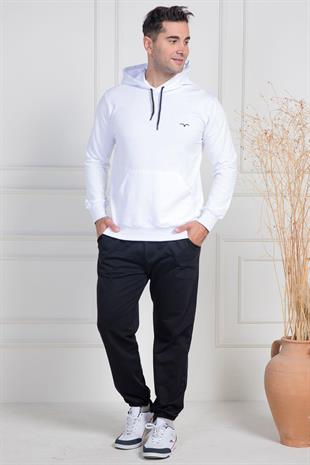 Mecit 2975 Beyaz %100 Pamuk Kapüşonlu Spor Model Büyük Beden Erkek Pijama Takımı