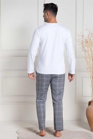 Mecit 3054 Beyaz Ekoseli Erkek Büyük Beden Pijama Takımı