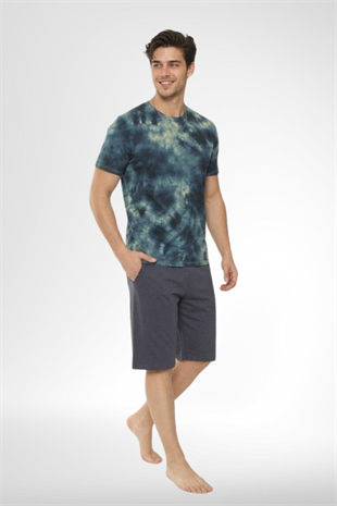 Mecit 4001 Lacivert Batik Desenli %100 Pamuk Şortlu Erkek Pijama Takımı
