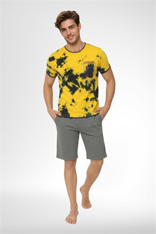 Mecit 4001 Sarı Batik Desenli %100 Pamuk Şortlu Erkek Pijama Takımı