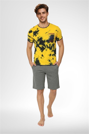 Mecit 4001 Sarı Batik Desenli %100 Pamuk Şortlu Erkek Pijama Takımı