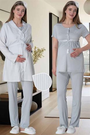 Mecit 6001 Gri Çizgili Sabahlıklı Lohusa Pijama Takımı
