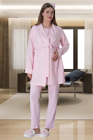 Mecit 6001 Pembe Çizgili Sabahlıklı Lohusa Pijama Takımı