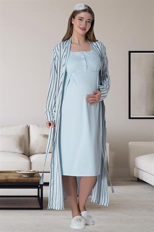 Mecit 6063 Mavi Çizgili Uzun Sabahlıklı Gecelik Pijama Lohusa Set