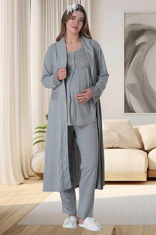 Mecit 6066 Gri Sabahlıklı Gecelik Pijama Lohusa Set
