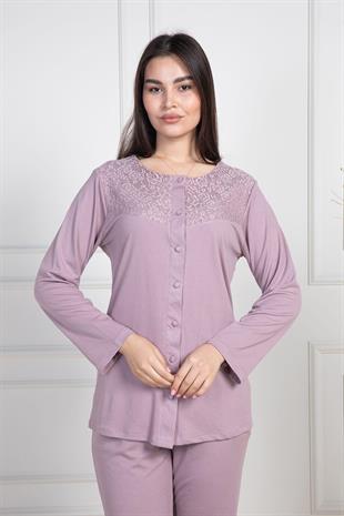 Mecit 6105 Gül Kurusu Kadın Büyük Beden Boydan Düğmeli Pijama Takımı