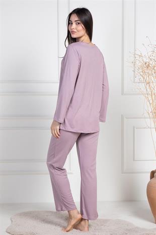 Mecit 6105 Gül Kurusu Kadın Büyük Beden Boydan Düğmeli Pijama Takımı