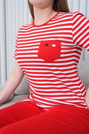 Mecit 6202 Kırmızı Çizgili Büyük Beden Kadın Pijama Takımı