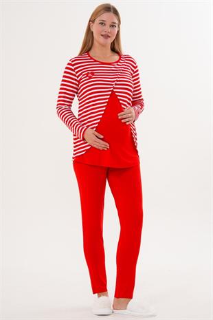 Mecit 6303 Kırmızı Likralı Spor Hamile Lohusa Pijama Takımı
