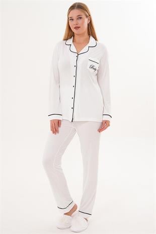 Mecit 6307 Ekru Boydan Düğmeli Kadın Pijama Takımı