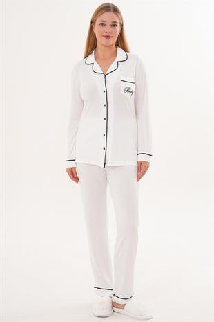 Mecit 6307 Ekru Boydan Düğmeli Kadın Pijama Takımı