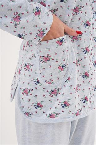 Mecit 6315 Mavi Kadın Boydan Düğmeli Büyük Beden Pijama Takımı