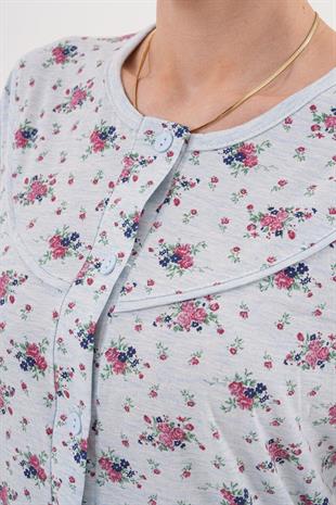Mecit 6315 Mavi Kadın Boydan Düğmeli Büyük Beden Pijama Takımı