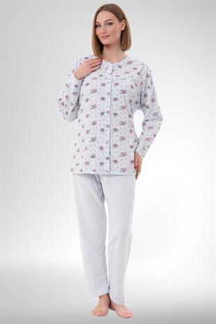 Mecit 6315 Mavi Kadın Boydan Düğmeli Büyük Beden Pijama Takımı
