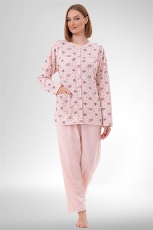 Mecit 6315 Pudra Kadın Boydan Düğmeli Büyük Beden Pijama Takımı