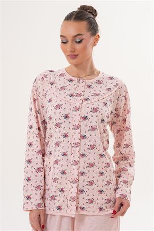Mecit 6315 Pudra Kadın Boydan Düğmeli Büyük Beden Pijama Takımı