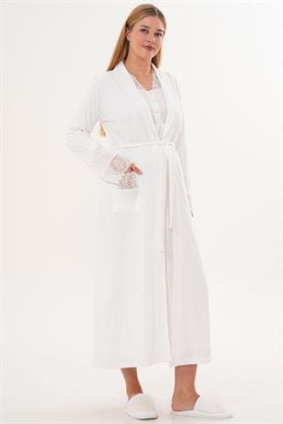 Mecit 6332 Ekru Sabahlık Gecelik Pijama Hamile Lohusa Set