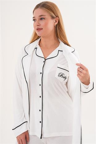 Mecit 6333 Ekru Kadın Sabahlıklı Boydan Düğmeli Pijama Takımı
