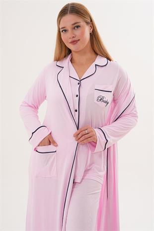 Mecit 6333 Pembe Kadın Sabahlıklı Boydan Düğmeli Pijama Takımı