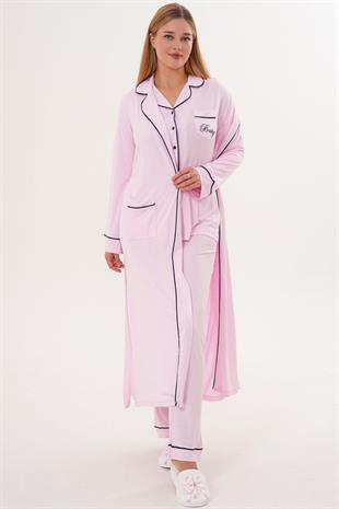 Mecit 6333 Pembe Kadın Sabahlıklı Boydan Düğmeli Pijama Takımı