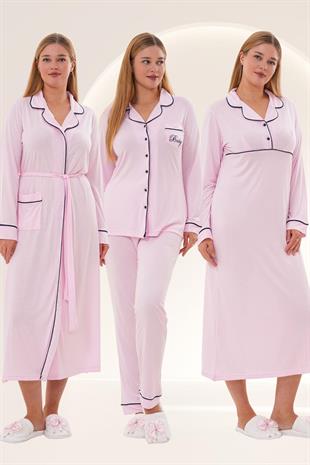 Mecit 6335 Pembe Kadın Sabahlık Gecelik Pijama 4lü Set