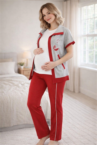 Mecit 6352 Kırmızı 3lü Hamile Lohusa Pijama Takımı