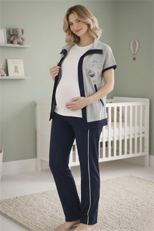Mecit 6352 Lacivert 3lü Hamile Lohusa Pijama Takımı