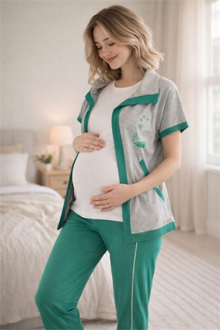 Mecit 6352 Yeşil 3lü Hamile Lohusa Pijama Takımı