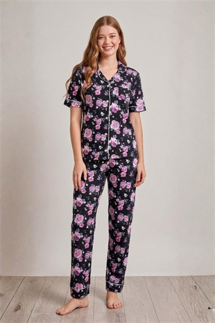 Mecit 6353 Lacivert Çiçek Desenli Boydan Düğmeli Kadın Pijama Takımı