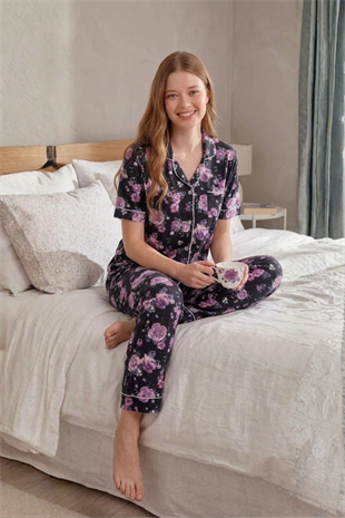Mecit 6353 Lacivert Çiçek Desenli Boydan Düğmeli Kadın Pijama Takımı