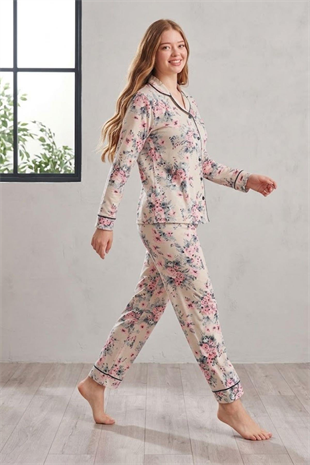 Mecit 6354 Çiçek Desenli Boydan Düğmeli Kadın Pijama Takımı