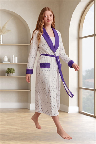 Mecit 6358 Mor Kadın Uzun Sabahlıklı Pijama Takımı