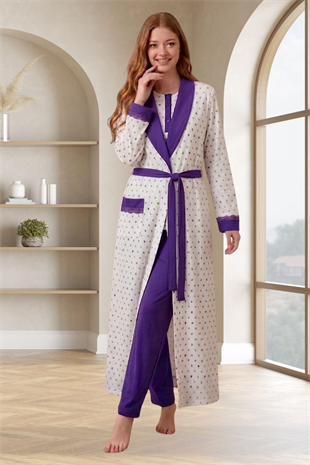 Mecit 6358 Mor Kadın Uzun Sabahlıklı Pijama Takımı