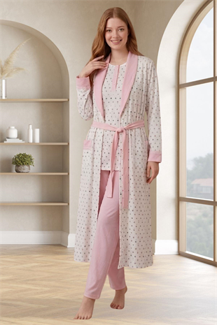 Mecit 6358 Pembe Kadın Uzun Sabahlıklı Pijama Takımı