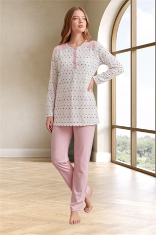 Mecit 6358 Pembe Kadın Uzun Sabahlıklı Pijama Takımı