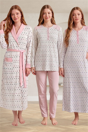 Mecit 6360 Pembe Kadın Sabahlık Pijama Gecelik Set