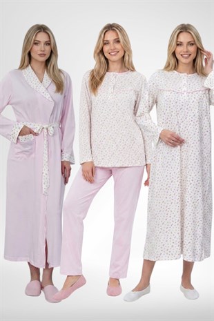 Mecit 6384 Pembe Büyük Beden Kadın Sabahlık Pijama ve Uzun Kollu Gecelik Set