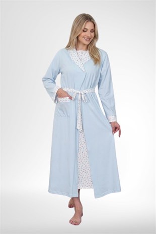 Mecit 6385 Mavi Büyük Beden Kadın Sabahlık Pijama ve Kısa Kollu Gecelik Set