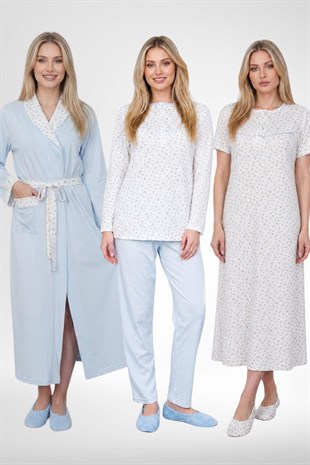 Mecit 6385 Mavi Büyük Beden Kadın Sabahlık Pijama ve Kısa Kollu Gecelik Set