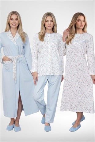 Mecit 6386 Mavi Büyük Beden Kadın Sabahlık Düğmeli Pijama ve Uzun Kollu Gecelik Set