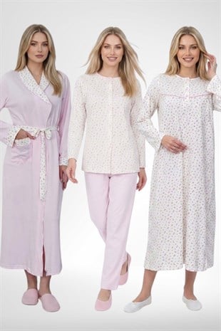 Mecit 6386 Pembe Büyük Beden Kadın Sabahlık Düğmeli Pijama ve Uzun Kollu Gecelik Set