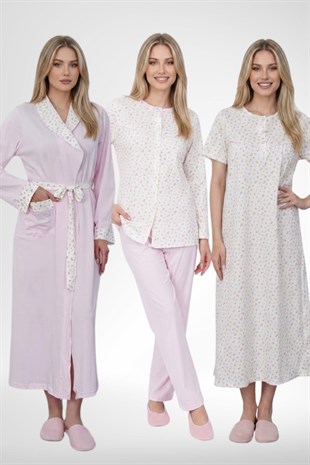 Mecit 6387 Pembe Büyük Beden Kadın Sabahlık Düğmeli Pijama ve Kısa Kollu Gecelik Set